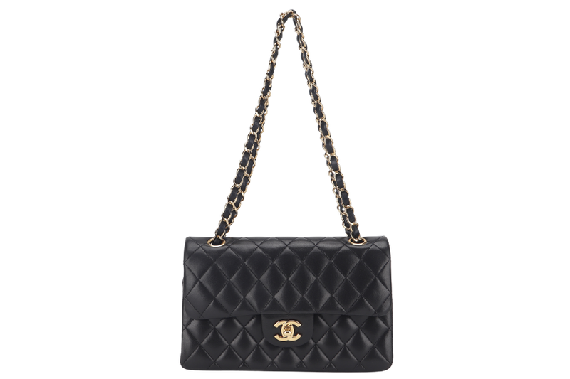 CHANEL CLASSIC FLAP SMALL BLACK LAMBSKIN & GOLD HARDWARE WITH CARD (1547xxxx) WITH DUST COVER AND BOX