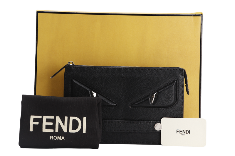 FENDI MONSTER CLUTCH (7VA350-8KL-169-0397) BLACK SILVER HARDWARE WITH CARD, DUST COVER AND BOX