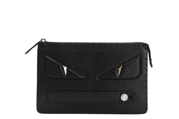 FENDI MONSTER CLUTCH (7VA350-8KL-169-0397) BLACK SILVER HARDWARE WITH CARD, DUST COVER AND BOX