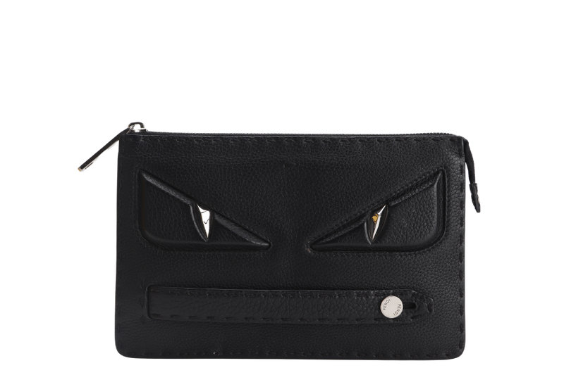 FENDI MONSTER CLUTCH (7VA350-8KL-169-0397) BLACK SILVER HARDWARE WITH CARD, DUST COVER AND BOX