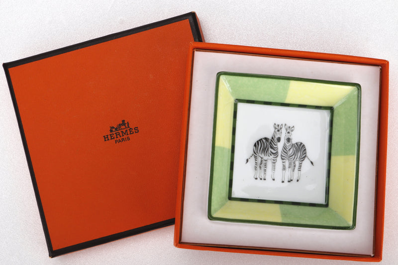 HERMES 8CM X 8CM PORCELAIN ZEBRA PRINT SQUARE SAUCE PLATE, WITH BOX