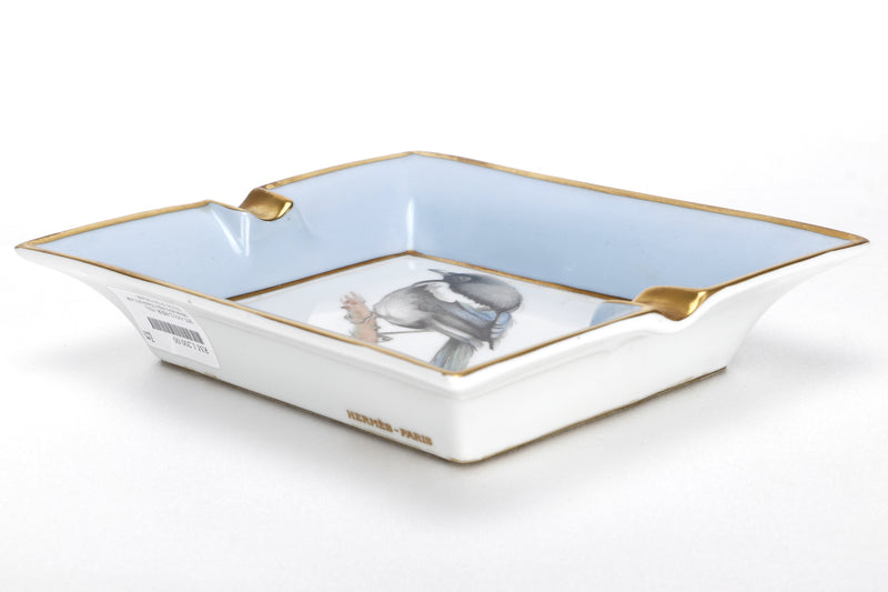 HERMES RECTANGULAR 19CM X 15.5CM CIGAR ASHTRAY WITH BIRDS PRINT, LIGHT BLUE GOLD TRIM, NO BOX