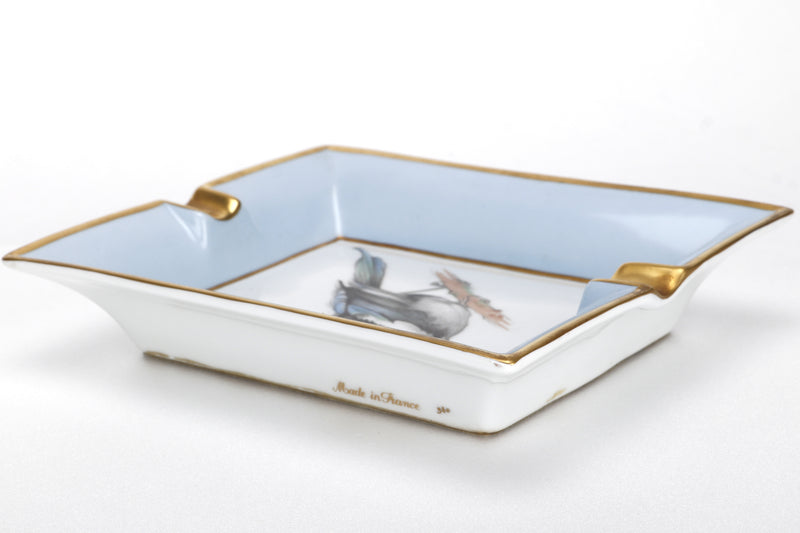 HERMES RECTANGULAR 19CM X 15.5CM CIGAR ASHTRAY WITH BIRDS PRINT, LIGHT BLUE GOLD TRIM, NO BOX