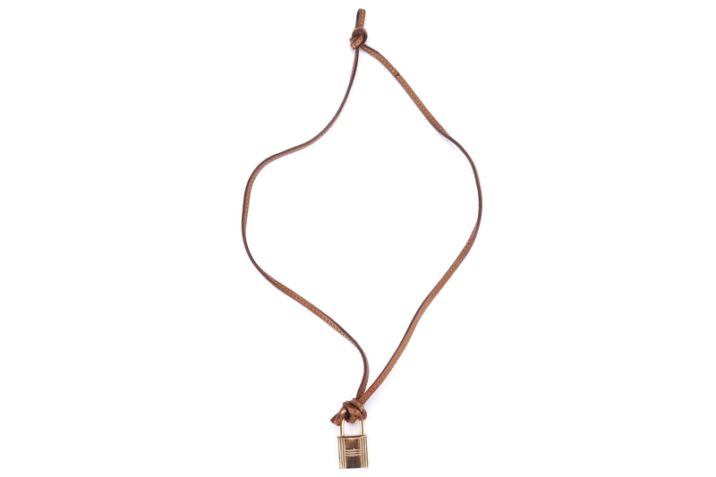 HERMES GOLD PLATED LOCK (Ref.127) NECKLACE WITH BROWN LEATHER STRAP