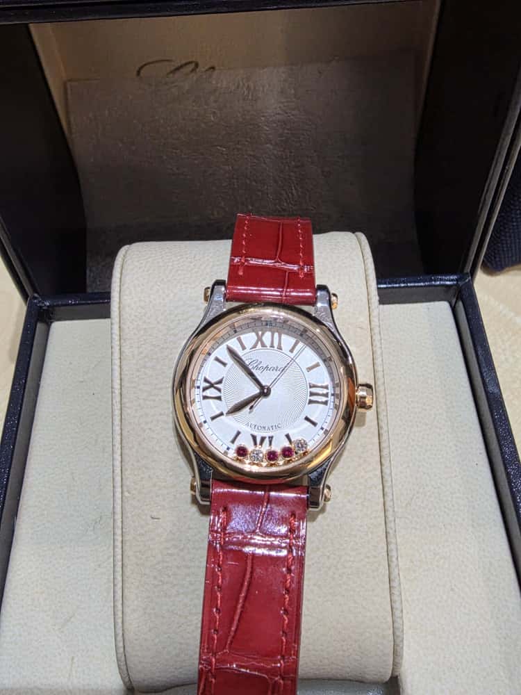 CHOPARD HAPPY DIAMOND SPORTS 30MM 8573 AUTOMATIC SS X 18K RG RED CROCO STRAP 4314074 FULL SET 2023