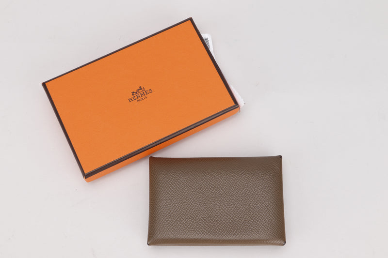 hermes calvi card holder (stamp z) etoupe epsom leather palladium hardware,  with dust cover & box