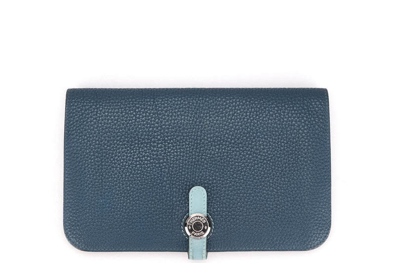 HERMES DONGON DUO WALLET (STAMP X) BLUE TOGO LEATHER PALLADIUM HARDWARE, NO DUST COVER & BOX