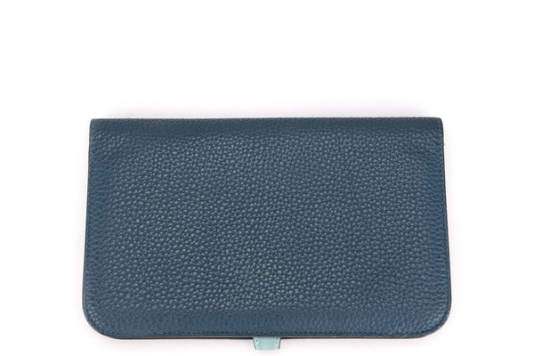 HERMES DONGON DUO WALLET (STAMP X) BLUE TOGO LEATHER PALLADIUM HARDWARE, NO DUST COVER & BOX