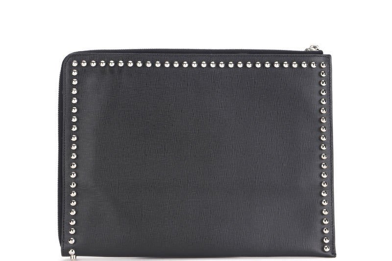 FENDI STUDDED KARLITO CLUTCH 30CM (8M0370 1697032) BLACK LEATHER SILVER HARDWARE, WITH CARD & DUST COVER