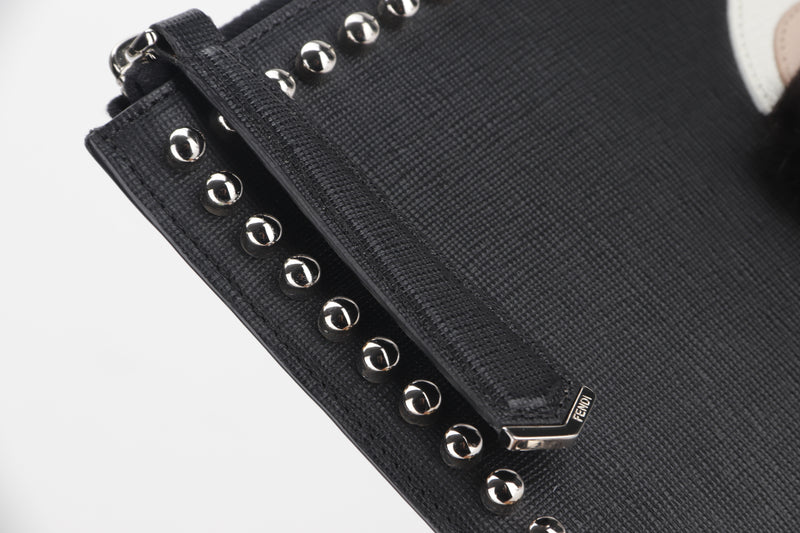 FENDI STUDDED KARLITO CLUTCH 30CM (8M0370 1697032) BLACK LEATHER SILVER HARDWARE, WITH CARD & DUST COVER