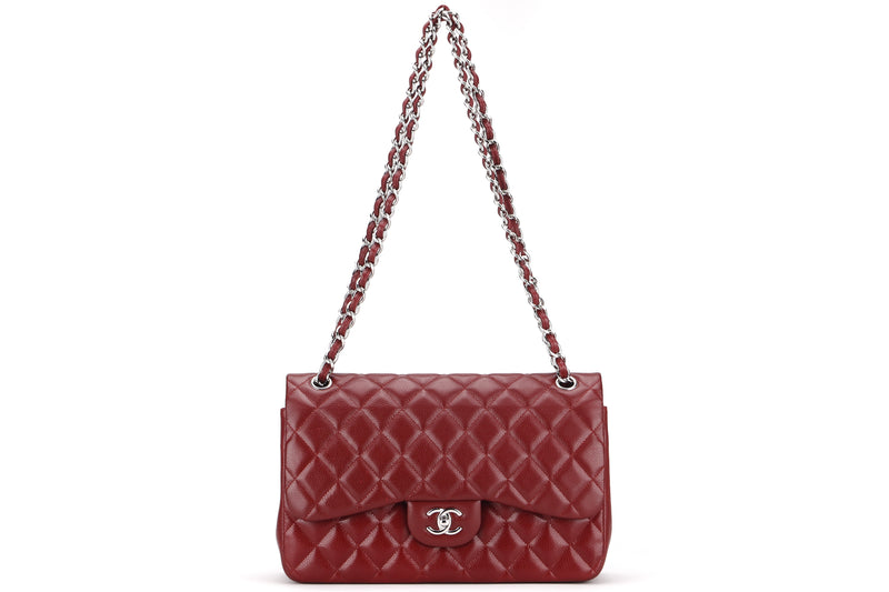 CHANEL CLASSIC FLAP (1533xxxx) JUMBO MAROON CAVIAR SILVER HARDWARE, WITH CARD, DUST COVER & BOX