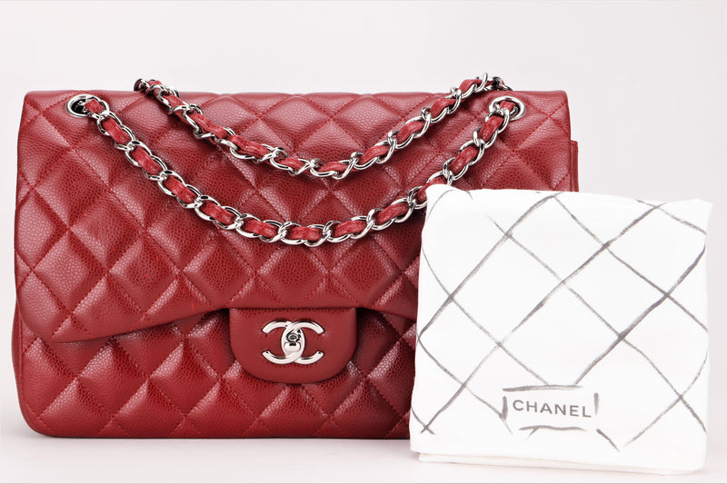 CHANEL CLASSIC FLAP (1533xxxx) JUMBO MAROON CAVIAR SILVER HARDWARE, WITH CARD, DUST COVER & BOX