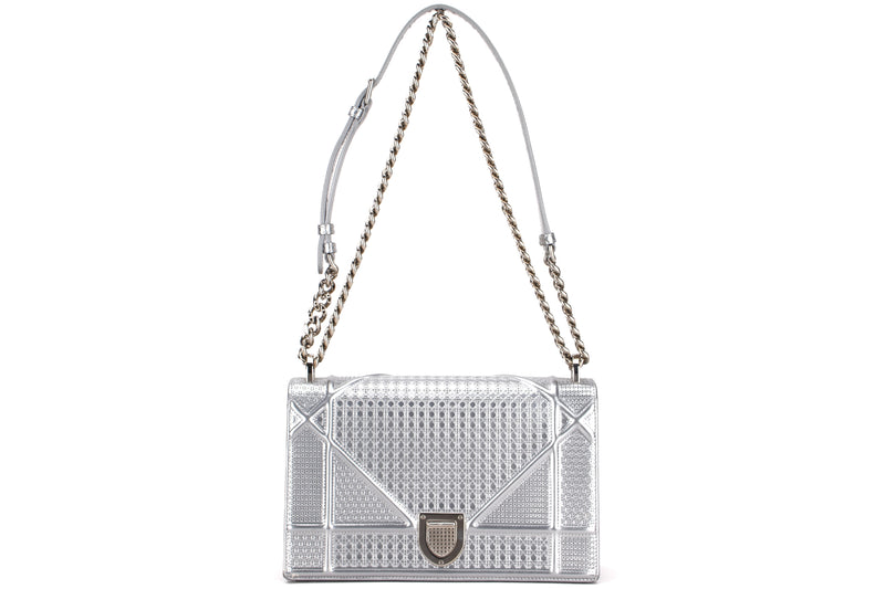 CHRISTIAN DIOR DIORAMA MEDIUM METALLIC SILVER 2 WAY BAG (09-BO-0195) SILVER HARDWARE, WITH CARD & DUST COVER