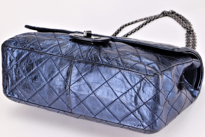 CHANEL REISSUE 227 DISTRESSED (1244xxxx) METALLIC BLUE DISTRESSED LEATHER, RUTHENIUM HARDWARE, WITH DUST COVER, NO CARD