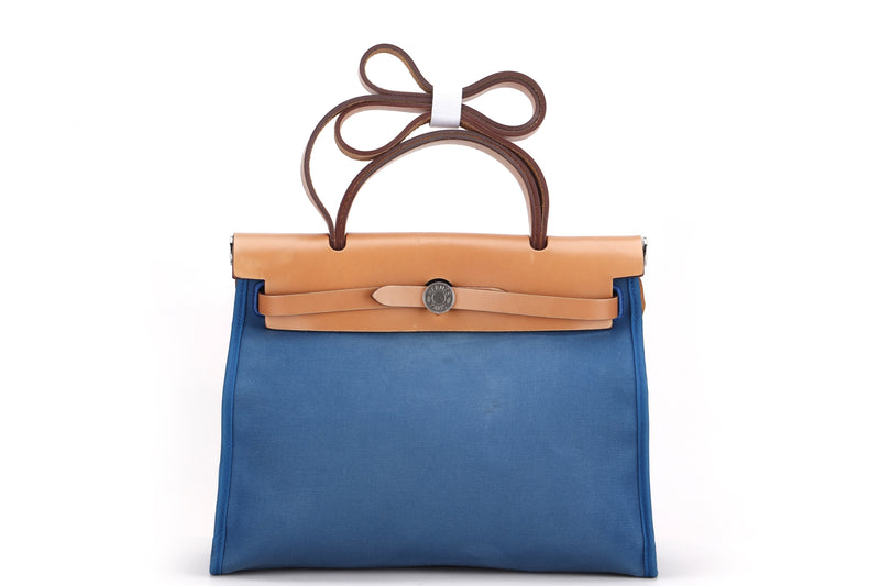 HERMES HERBAG 31 (STAMP X) BLUE ZANZIBAR CANVAS HUNTER LEATHER, WITH POUCH, LOCK & KEYS, NO DUST COVER