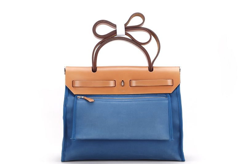 HERMES HERBAG 31 (STAMP X) BLUE ZANZIBAR CANVAS HUNTER LEATHER, WITH POUCH, LOCK & KEYS, NO DUST COVER