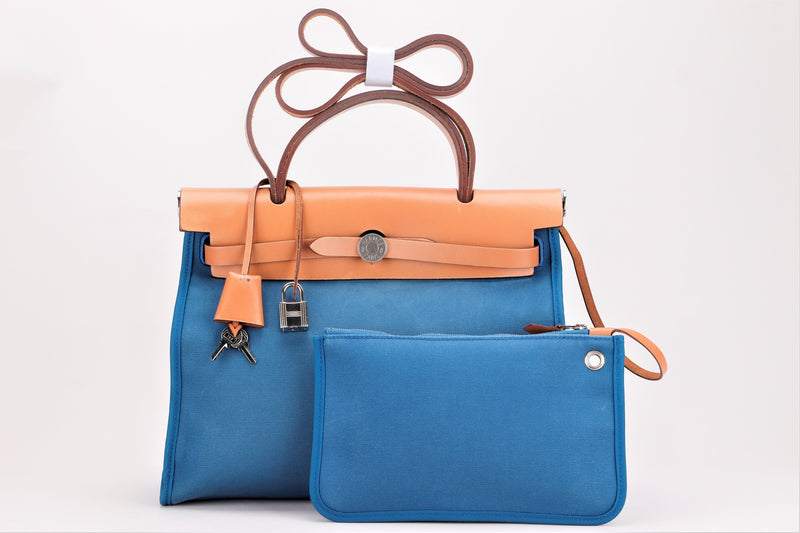 hermes herbag 31 (stamp x) blue zanzibar canvas hunter leather, with pouch,  lock & keys, no dust cover