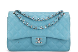 CHANEL CLASS FLAP (1943xxxx) JUMBO TURQUOISE COLOR LAMBSKIN SILVER HARDWARE, WITH CARD, NO DUST COVER