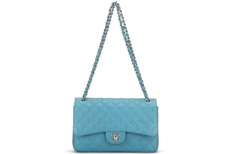 CHANEL CLASSIC FLAP (1943xxxx) JUMBO TURQUOISE COLOR LAMBSKIN SILVER HARDWARE, WITH CARD, NO DUST COVER