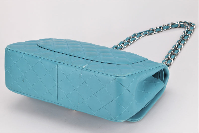 CHANEL CLASS FLAP (1943xxxx) JUMBO TURQUOISE COLOR LAMBSKIN SILVER HARDWARE, WITH CARD, NO DUST COVER