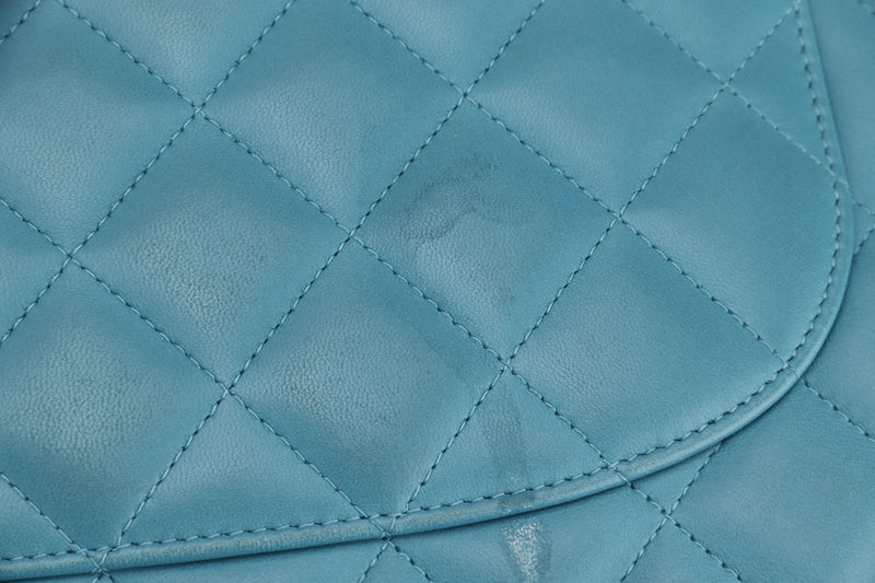 CHANEL CLASSIC FLAP (1943xxxx) JUMBO TURQUOISE COLOR LAMBSKIN SILVER HARDWARE, WITH CARD, NO DUST COVER