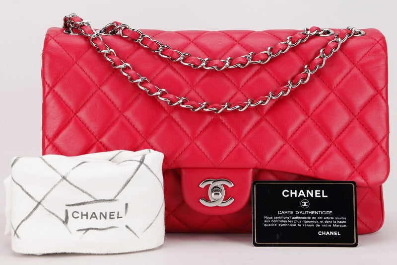 CHANEL CC FLAP (1912xxxx) JUMBO DARK PINK LAMBSKIN SILVER HARDWARE, WITH CARD & DUST COVER