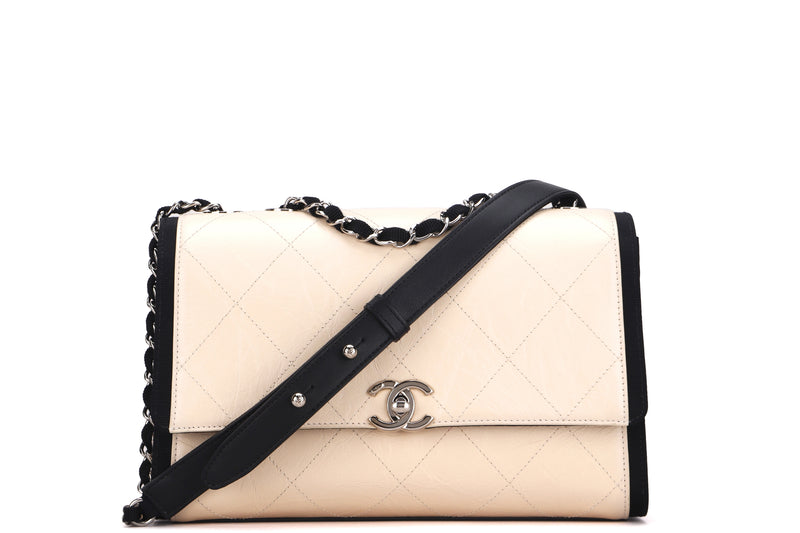 CHANEL TWO TONE FLAP (2580xxxx) MEDIUM WHITE DISTRESSED CALFSKIN LEATHER SILVER HARDWARE, WITH CARD & DUST COVER