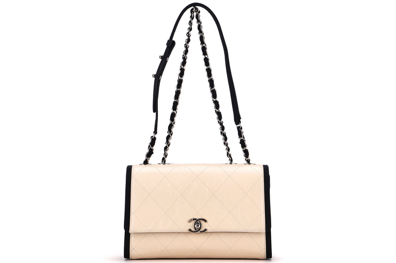 CHANEL TWO TONE FLAP (2580xxxx) MEDIUM WHITE DISTRESSED CALFSKIN LEATHER SILVER HARDWARE, WITH CARD & DUST COVER