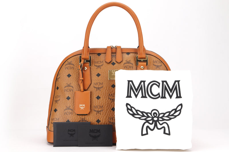 MCM SIGNATURE BOWLER BAG 34CM (K0864) MUSTARD LEATHER GOLD HARDWARE, WITH CARD & DUST COVER
