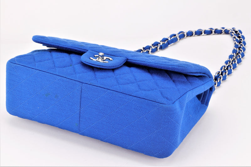 CHANEL CLASSIC FLAP (1962xxxx) JUMBO BLUE FABRIC SILVER HARDWARE, WITH CARD, NO DUST COVER