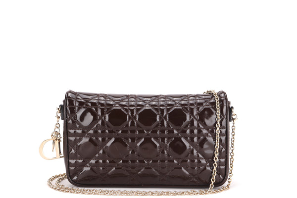 CHRISTIAN DIOR CANNAGE WALLET ON CHAIN (01-LU-0140) BROWN PATENT LEATHER GOLD HARDWARE, WITH DUST COVER
