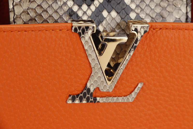 (EXOTIC) LOUIS VUITTON N81210 CAPUCINES MINI TOPAZ IMPERIALE PHYTON GOLD HARDWARE, WITH STRAP, DUST COVER & BOX
