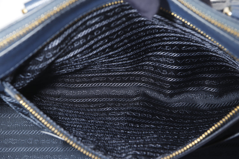 PRADA B2274C DOUBLE ZIP TOTE MEDIUM BLUE BALTICOT SAFFIANO LEATHER, WITH STRAP, CARD & DUST COVER