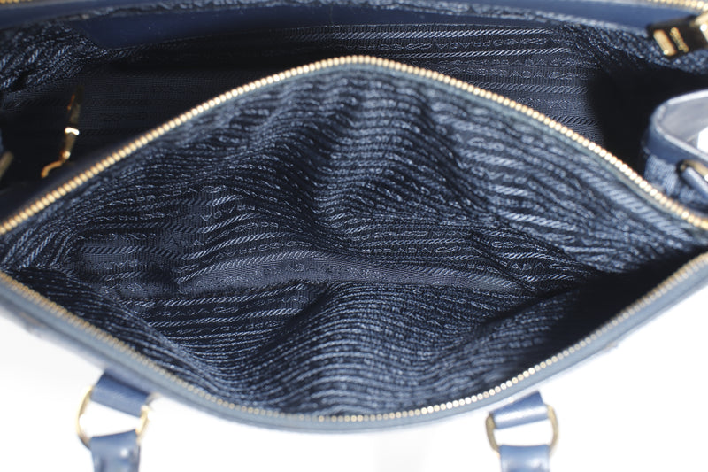 PRADA B2274C DOUBLE ZIP TOTE MEDIUM BLUE BALTICOT SAFFIANO LEATHER, WITH STRAP, CARD & DUST COVER