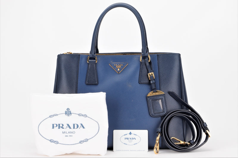 PRADA B2274C DOUBLE ZIP TOTE MEDIUM BLUE BALTICOT SAFFIANO LEATHER, WITH STRAP, CARD & DUST COVER