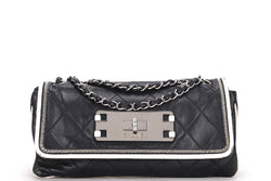 CHANEL EAST WEST MADEMOISELLE FLAP BAG (1211xxxx) MEDIUM BLACK & WHITE CALF LEATHER SILVER HARDWARE, NO CARD, DUST COVER & BOX