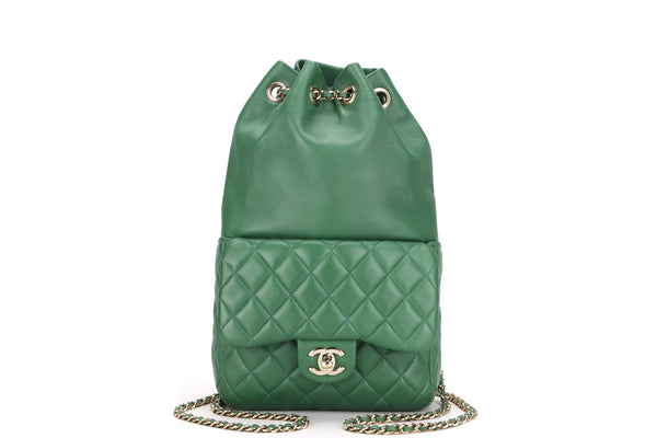 CHANEL CHAIN BACKPACK (2192xxxx) GREEN LAMBSKIN LIGHT GOLD HARDWARE, WITH CARD & BOX, NO DUST COVER