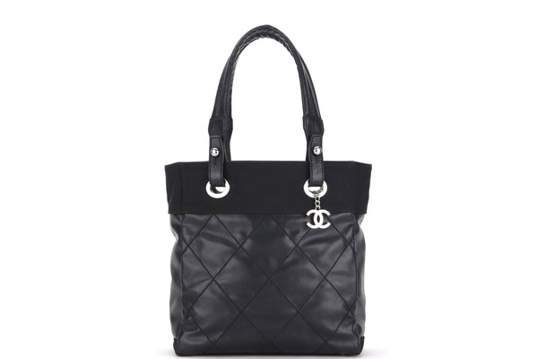 CHANEL PARIS BIARRITZ TOTE (1784xxxx) SMALL BLACK LAMBSKIN SILVER HARDWARE, WITH CARD, NO DUST COVER & BOX