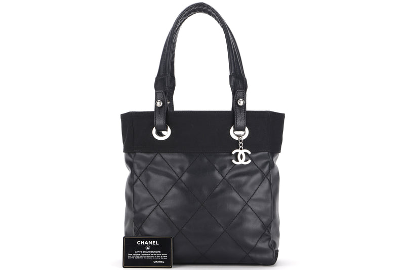 CHANEL PARIS BIARRITZ TOTE (1784xxxx) SMALL BLACK LAMBSKIN SILVER HARDWARE, WITH CARD, NO DUST COVER & BOX