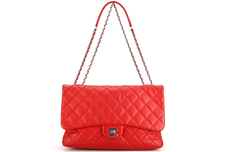 CHANEL 3 COMPARTMENT FLAP BAG (1940xxxx) JUMBO RED LAMBSKIN SILVER HARDWARE, NO CARD & DUST COVER