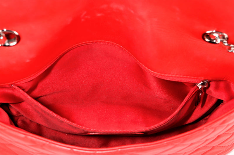 CHANEL 3 COMPARTMENT FLAP BAG (1940xxxx) JUMBO RED LAMBSKIN SILVER HARDWARE, NO CARD & DUST COVER