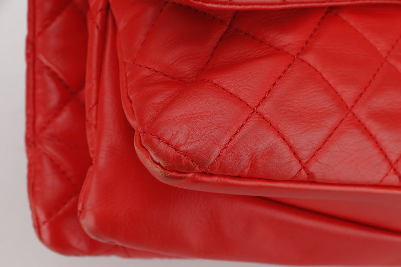 CHANEL 3 COMPARTMENT FLAP BAG (1940xxxx) JUMBO RED LAMBSKIN SILVER HARDWARE, NO CARD & DUST COVER