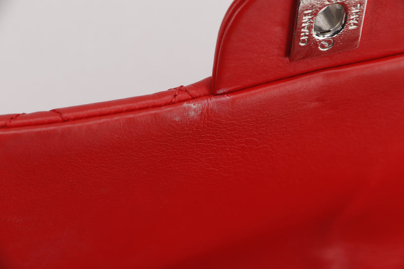 CHANEL 3 COMPARTMENT FLAP BAG (1940xxxx) JUMBO RED LAMBSKIN SILVER HARDWARE, NO CARD & DUST COVER