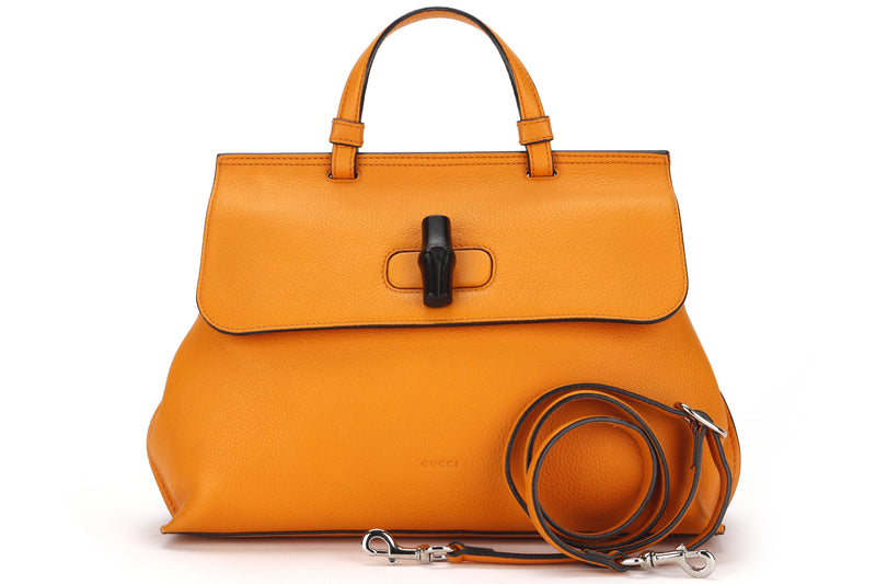 GUCCI BAMBOO DAILY TOP HANDLE BAG (392013 001998) MEDIUM TANGERINE COLOR SILVER HARDWARE, WITH STRAP, NO DUST COVER