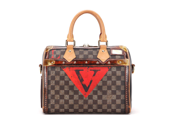 LOUIS VUITTON M52249 SPEEDY BANDOULIER TIME TRUNK 25 (SN3128) BROWN DAMIER, LEATHER & GOLD HARDWARE, WITH STRAP, KEYS & LOCK, NO DUST COVER