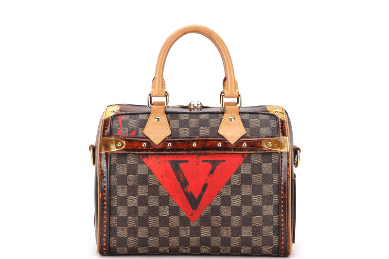 LOUIS VUITTON M52249 SPEEDY BANDOULIER TIME TRUNK 25 (SN3128) BROWN DAMIER, LEATHER & GOLD HARDWARE, WITH STRAP, KEYS & LOCK, NO DUST COVER