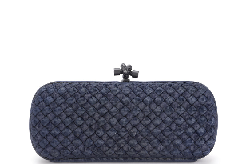 BOTTEGA VENETA KNOT CLUTCH BLUE INTRECCIATO SATIN & KARUNG, WITH DUST COVER