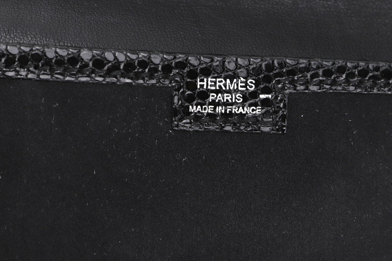 (EXOTIC) HERMES JIGE ELAN 29 TOUCH (STAMP O SQUARE) BLACK SATIN & NILOTICUS LIZARD, NO DUST COVER