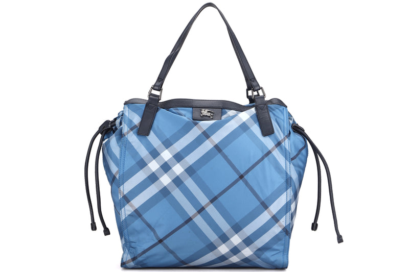 BURBERRY BUCKLEIGH BLUE NYLON CHECK TOTE BAG, SILVER HARDWARE, WITH CARD, NO DUST COVER
