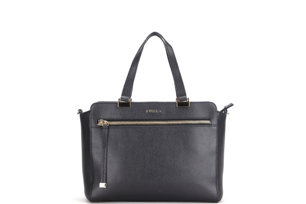 furla black leather tote, with strap & dust cover